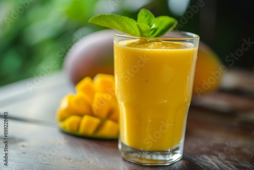 Yellow mango yogurt on blue background turmeric lassi in two glasses