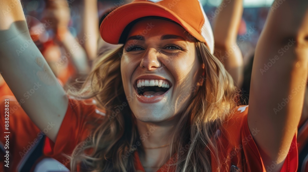 Female sports fan cheering at a college football game Female sports fan cheering at a college football game