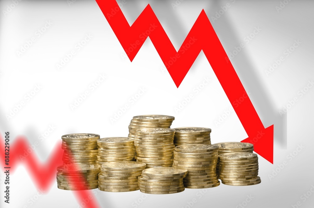 Coins Falling chart. Stack money with red arrow