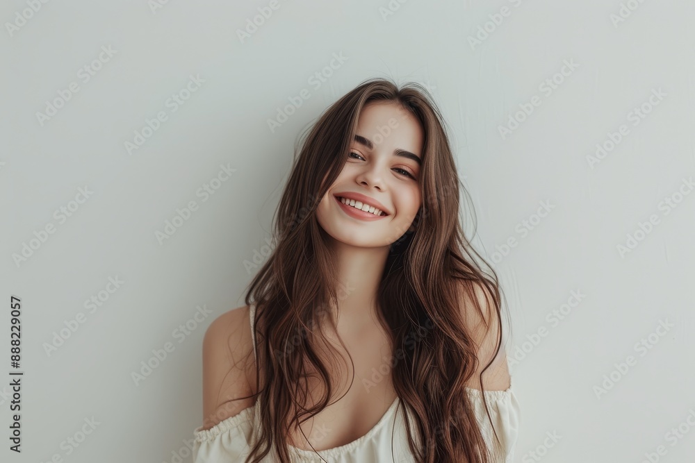 Fototapeta premium Young attractive brunette standing against a white wall