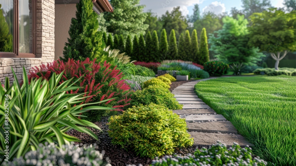 Fototapeta premium Front yard, landscape design with multicolored shrubs and green grass with a beautiful yard for the background.