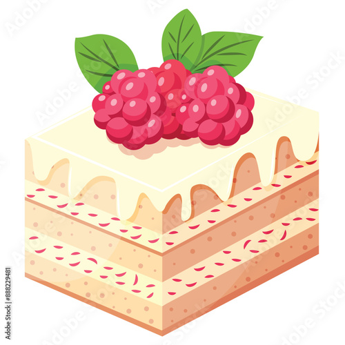 A white cake with raspberry berries on top. The cake is decorated with a leafy garnish