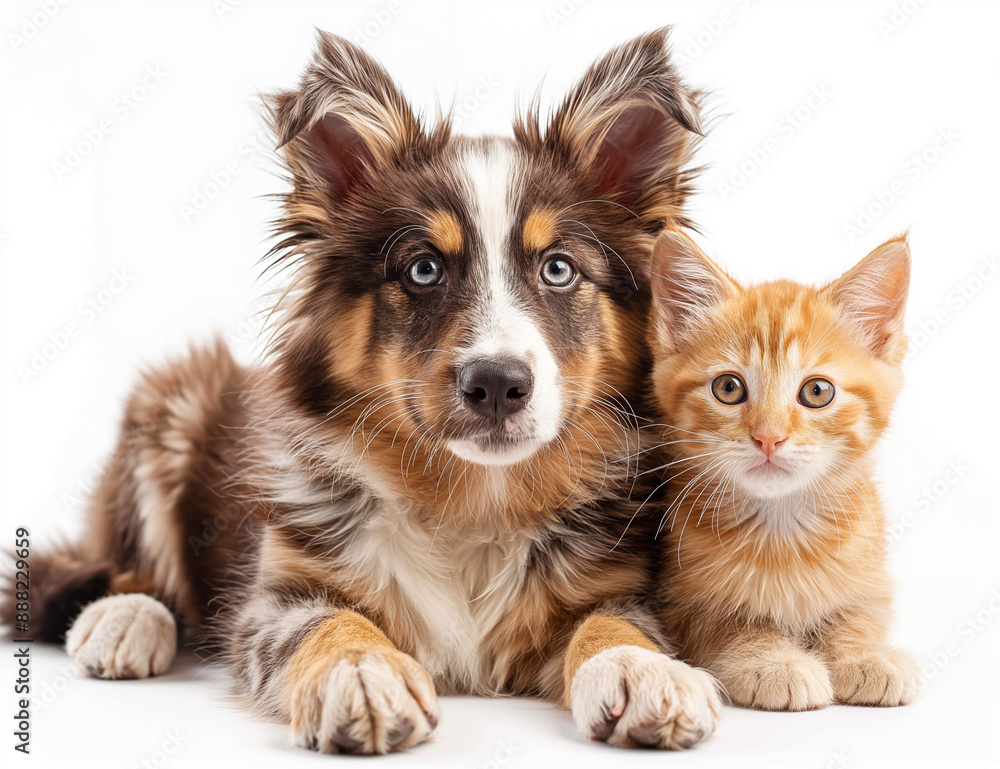 American Shepherd dog and orange tabby kitten sitting together on a white background, showcasing their clean fur and bright eyes American Shepherd dog and orange tabby kitten sitting together on a white background, showcasing their clean fur and bright eyes