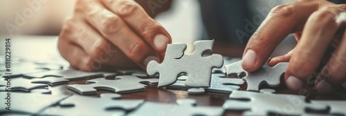 Close-up on a Businessman Assembling a Puzzle: Symbolizing Environmental Strategy Concepts and Teamwork in Strategic Planning