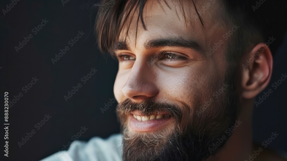 Handsome young man with beard and modern haircut smiling. Handsome young man with beard and modern haircut smiling.