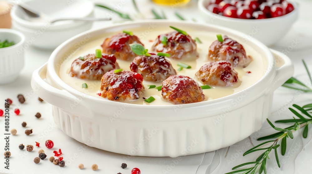 Swedish meatballs with creamy gravy, lingonberry sauce on the side, elegant white porcelain, minimalist Scandinavian kitchen interior Swedish meatballs with creamy gravy, lingonberry sauce on the side, elegant white porcelain, minimalist Scandinavian kitchen interior