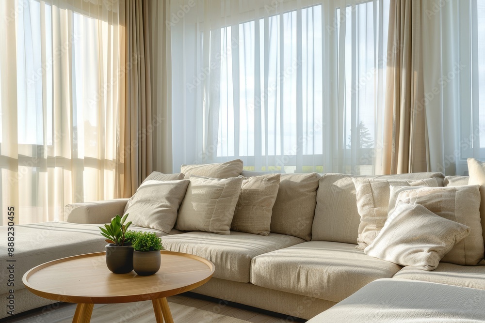 Chic living room with window wall corner sofa and coffee table Chic living room with window wall corner sofa and coffee table