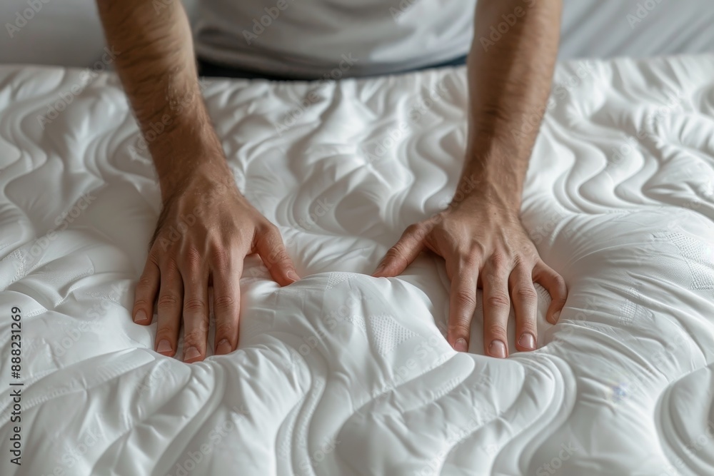 Close up of man displaying waterproof topper for white orthopedic mattress Male showing hypoallergenic foam mattress protector with copy space in top view back Close up of man displaying waterproof topper for white orthopedic mattress Male showing hypoallergenic foam mattress protector with copy space in top view back