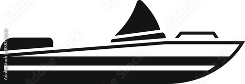 Simple black and white icon of a small fishing boat, perfect for representing fishing, boating, or marine themes photo