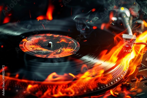 Dj concept with burning vinyl record on turntable