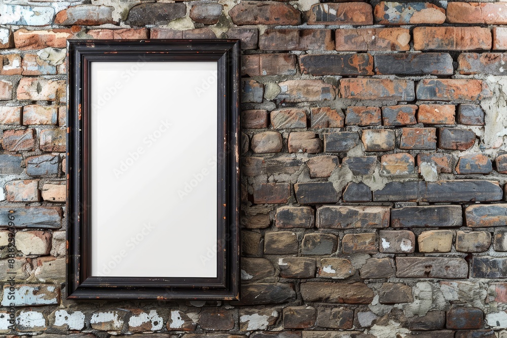 Empty picture frame hanging on brick wall with copy space and clipping path