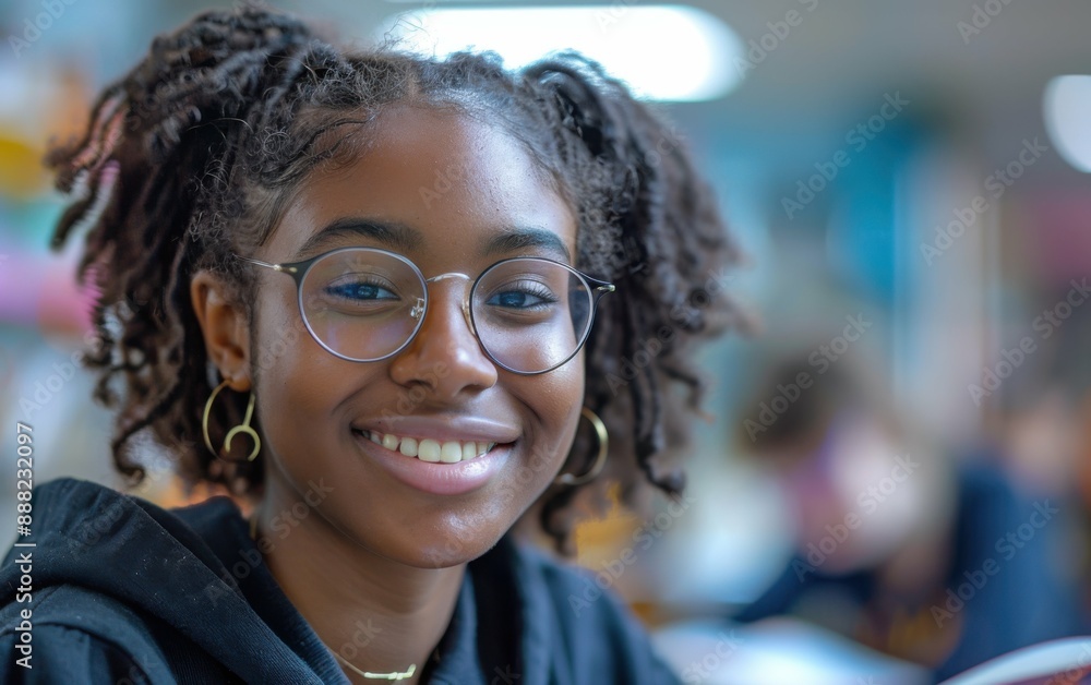 Obraz premium A young woman with dreadlocks smiles brightly while wearing glasses and sitting in a library