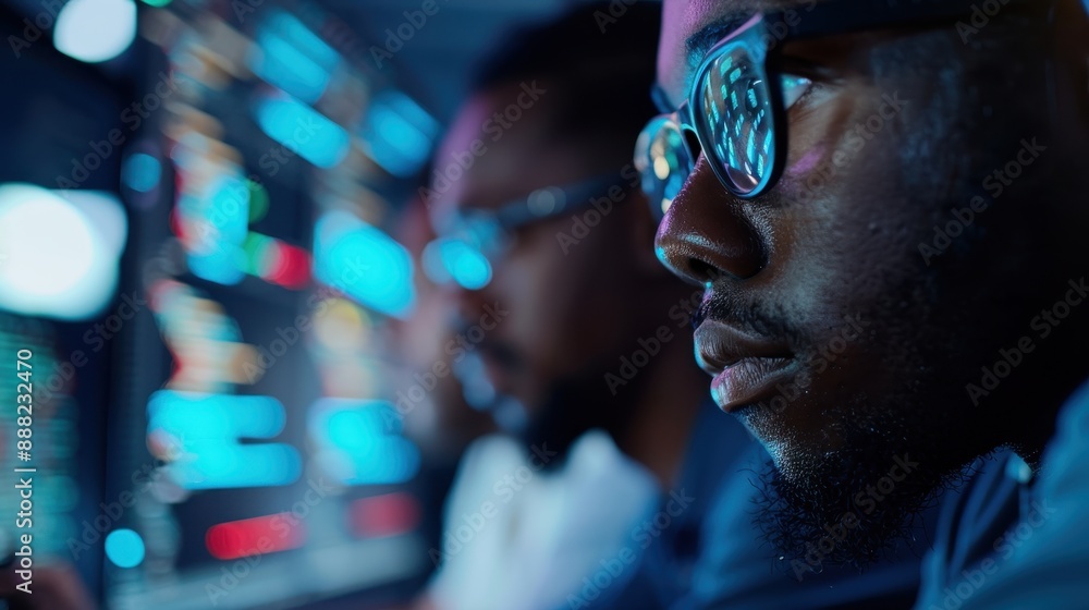 A software developer intensely working in front of multiple computer screens filled with colorful lines of code in a dimly-lit workspace environment, showcasing dedication. A software developer intensely working in front of multiple computer screens filled with colorful lines of code in a dimly-lit workspace environment, showcasing dedication.