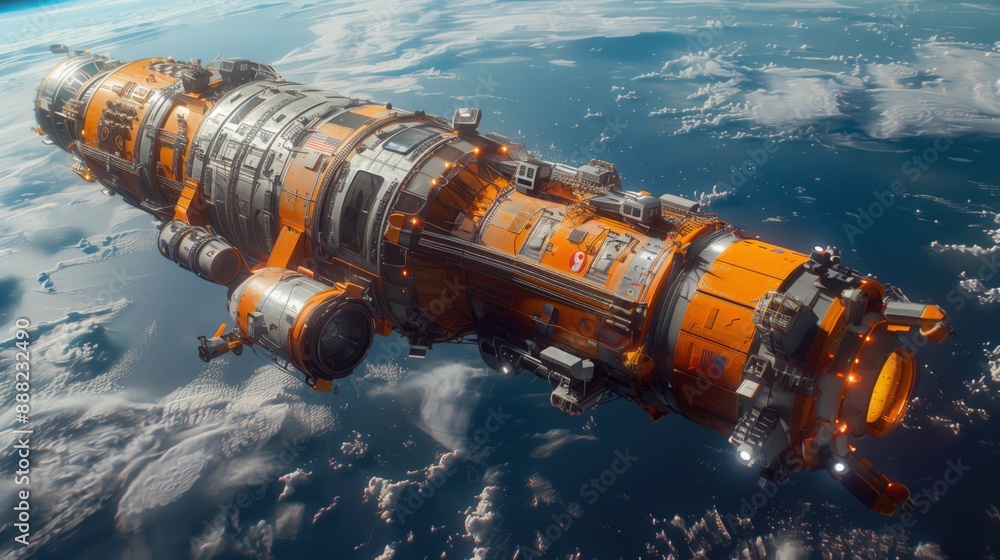 A large, futuristic spacecraft with orange and white markings glides through space above a planet with a blue ocean and white clouds. A large, futuristic spacecraft with orange and white markings glides through space above a planet with a blue ocean and white clouds.