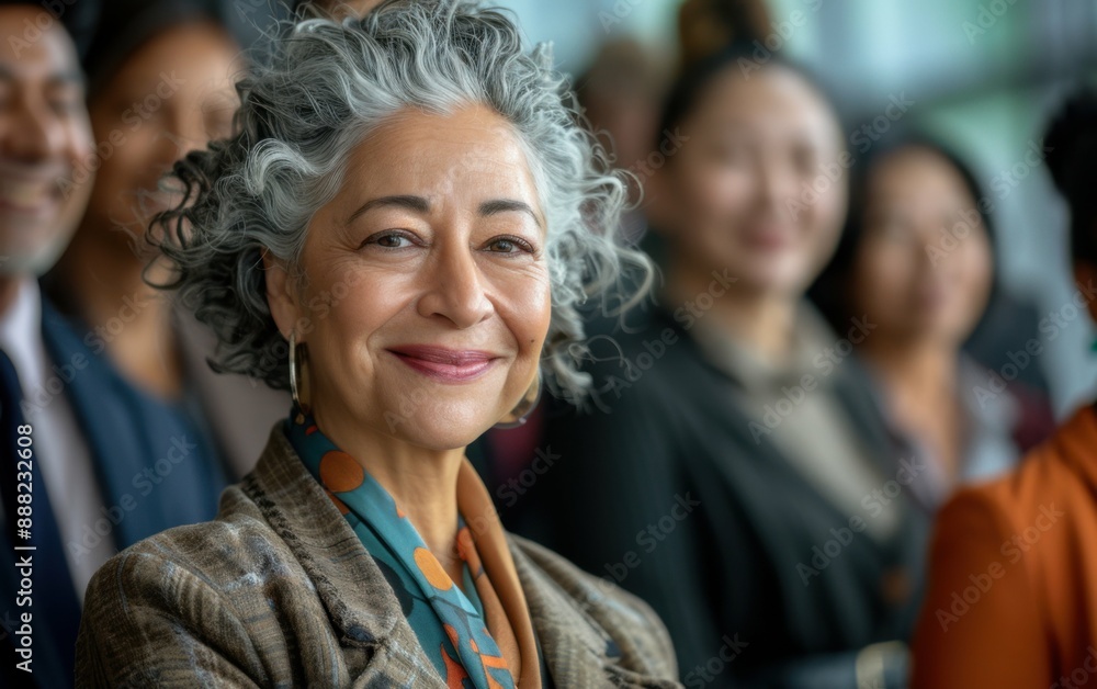 A woman with grey, curly hair smiles at the camera, standing in a crowd of people A woman with grey, curly hair smiles at the camera, standing in a crowd of people