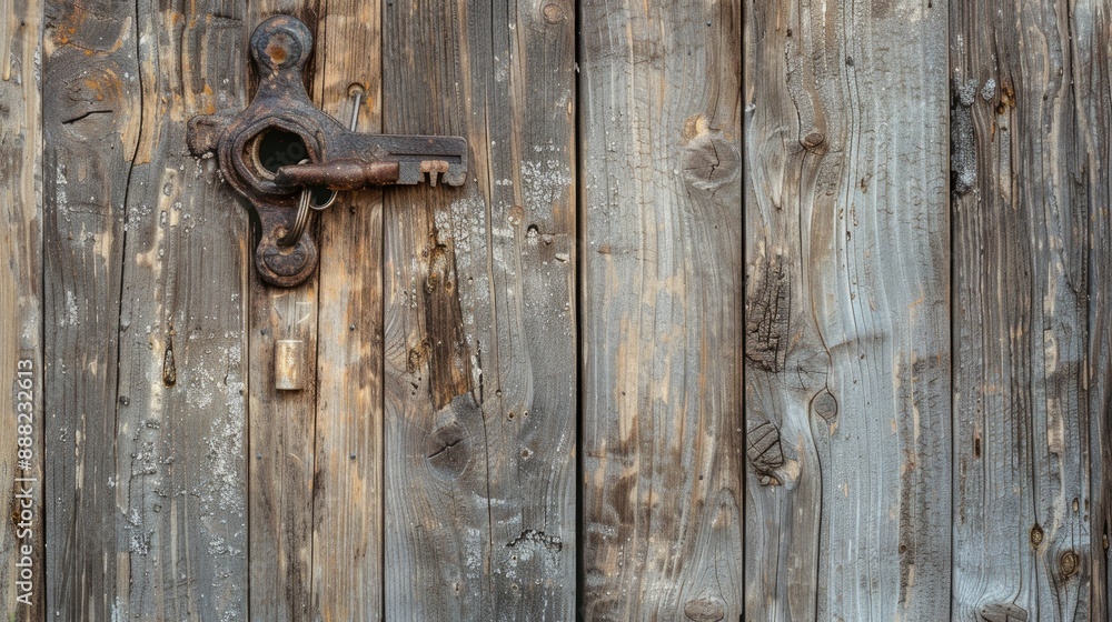 Rustic wooden door with key and copy space background Rustic wooden door with key and copy space background
