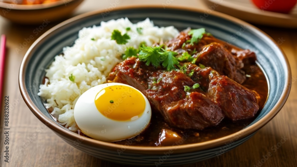 Delicious Asian cuisine with rice egg and beef in a bowl Delicious Asian cuisine with rice egg and beef in a bowl