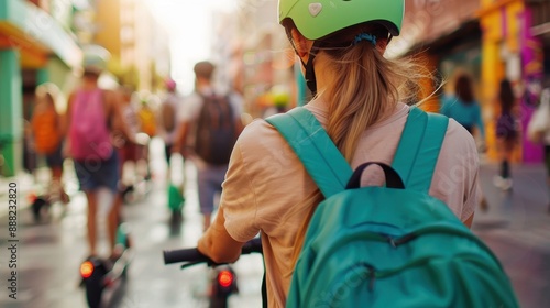A person with a backpack and helmet rides an electric scooter through a crowded street, emphasizing the urban mobility and the vibrant street life.