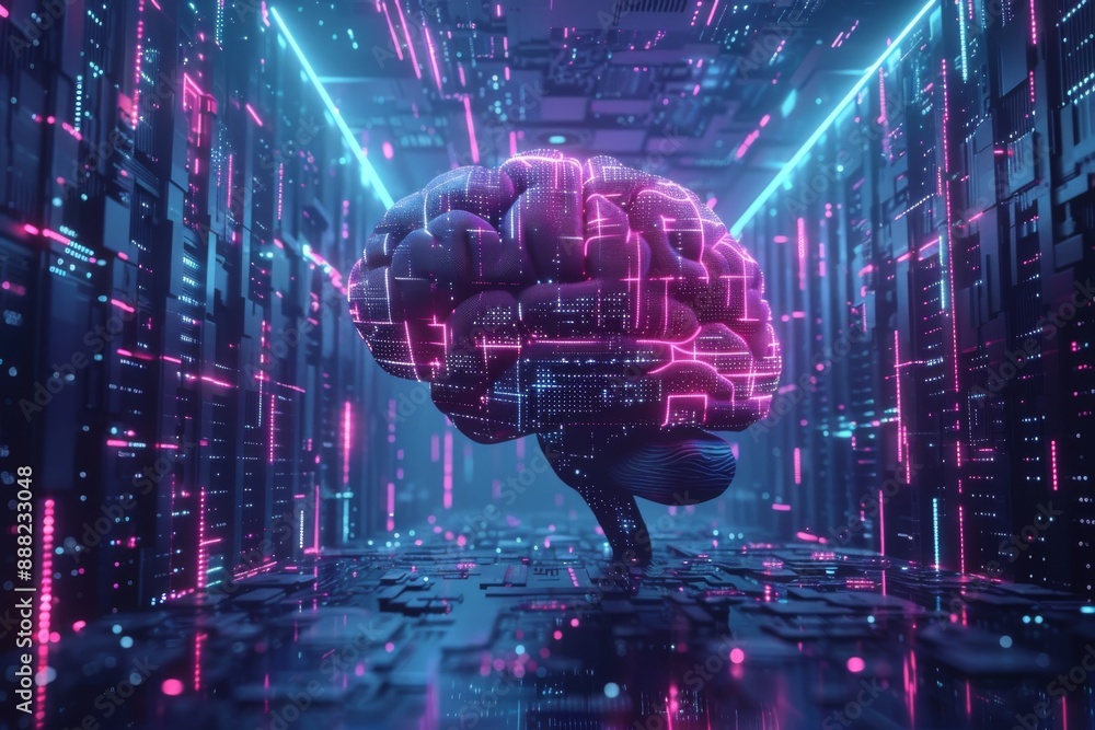 Futuristic digital art of a neon brain in a data center, symbolizing technology and innovation. Futuristic digital art of a neon brain in a data center, symbolizing technology and innovation.