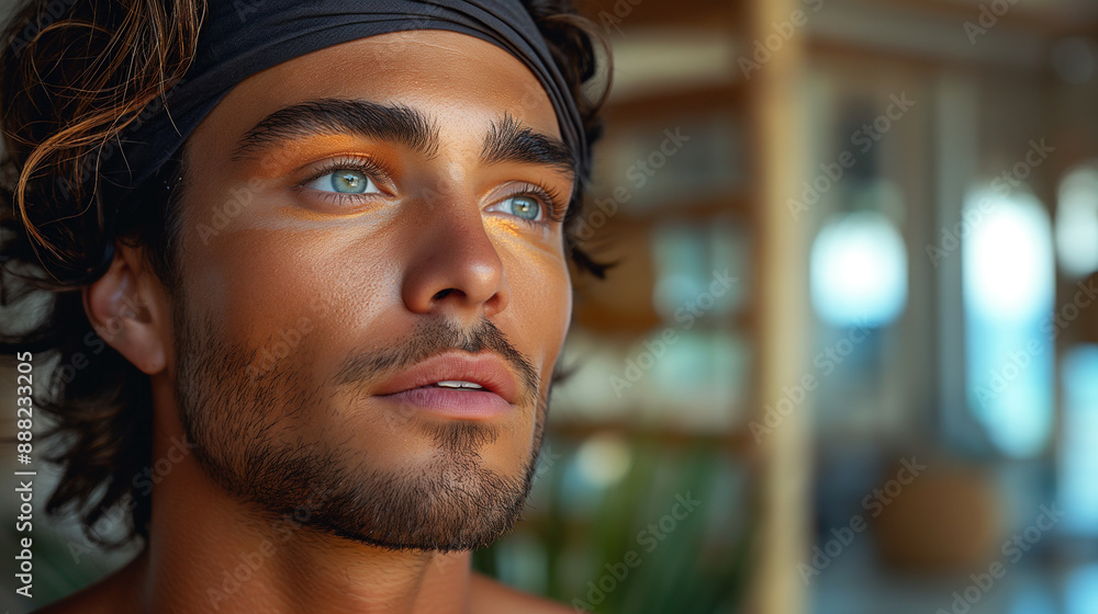 Obraz premium A handsome man with makeup, a black headband and gold eyeshadow, against a white background.