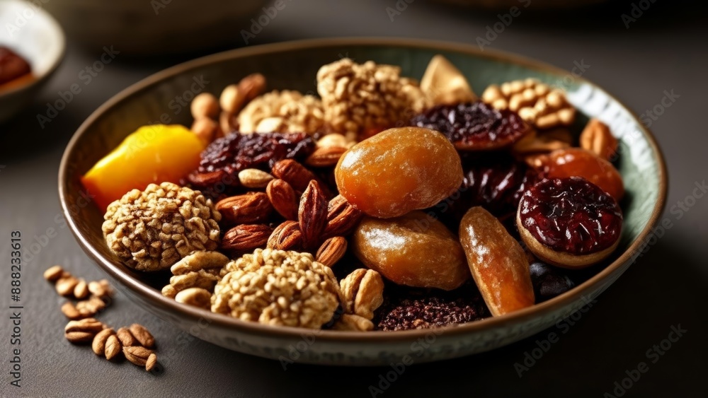 Delicious assortment of nuts and dried fruits in a bowl Delicious assortment of nuts and dried fruits in a bowl