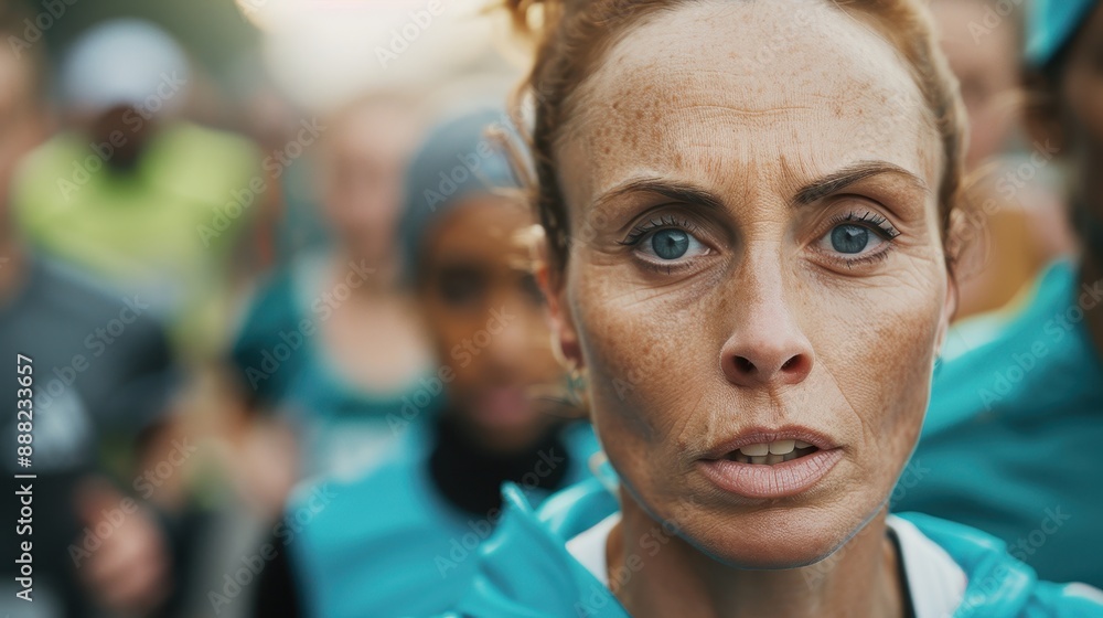 A female runner wearing a teal jacket faces the camera with determined eyes at the start of a marathon, surrounded by other competitors who are slightly blurred in the background. A female runner wearing a teal jacket faces the camera with determined eyes at the start of a marathon, surrounded by other competitors who are slightly blurred in the background.
