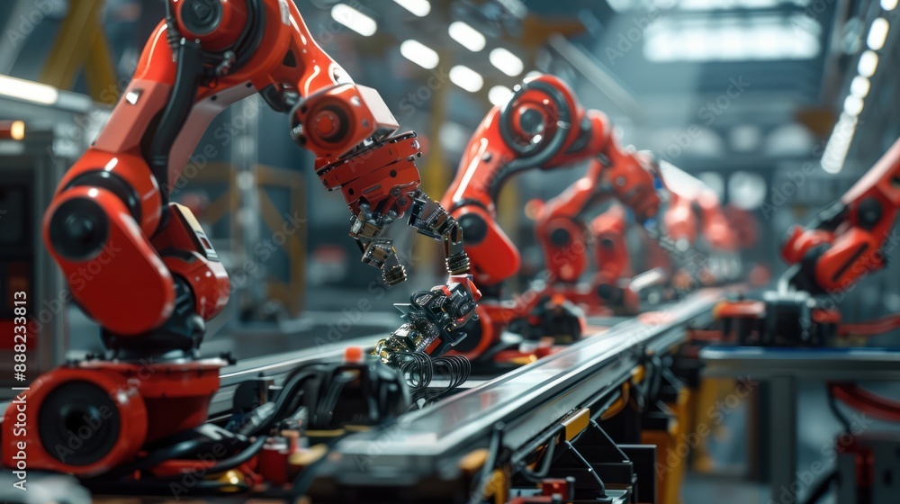 Fototapeta premium Robotic assembly line in an automotive factory
