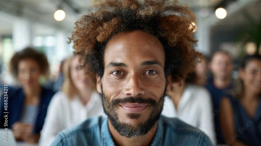 Obraz premium Close-up of a man with a beard and curly hair, smiling warmly in an office setting, symbolizing warmth, confidence, and a positive atmosphere with colleagues interacting.
