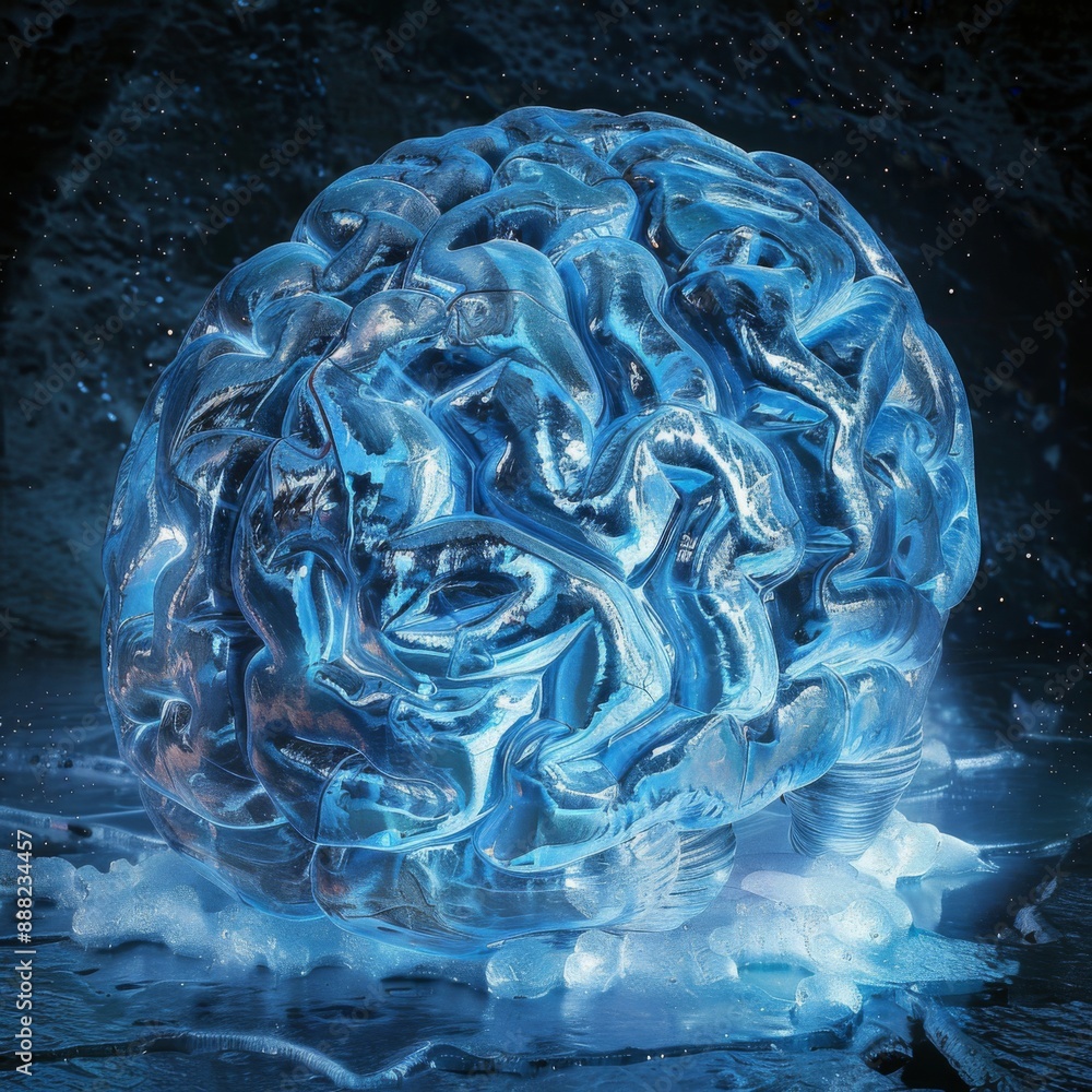 Obraz premium Cryonics and the Pursuit of Eternal Life: A Detailed Illustration of a Frozen Brain Encased in Ice for Future Revival