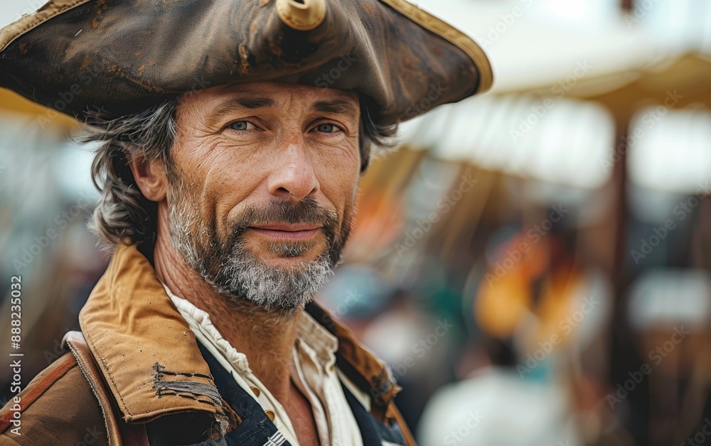 A man wearing a brown hat and jacket smiles at the camera in front of a large group of people A man wearing a brown hat and jacket smiles at the camera in front of a large group of people