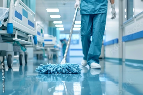 Professional cleaner holding mop cleaning hospital floors and beds