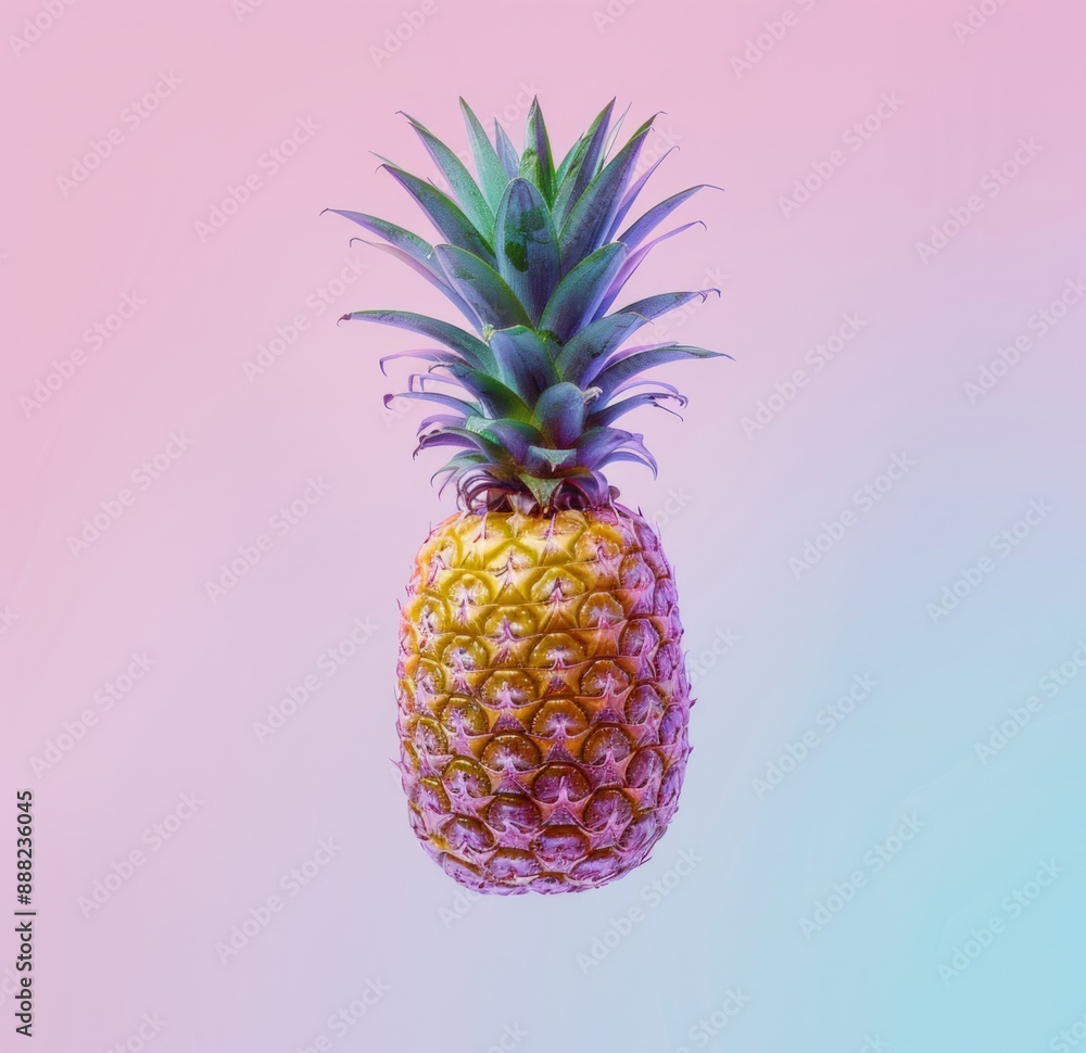 A vibrant pineapple floating in mid-air against a colorful pink and blue gradient background, showcasing a tropical and surreal concept. A vibrant pineapple floating in mid-air against a colorful pink and blue gradient background, showcasing a tropical and surreal concept.