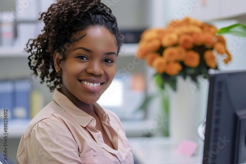 Young African American Female Receptionist Excelling in a Clinic Environment photo