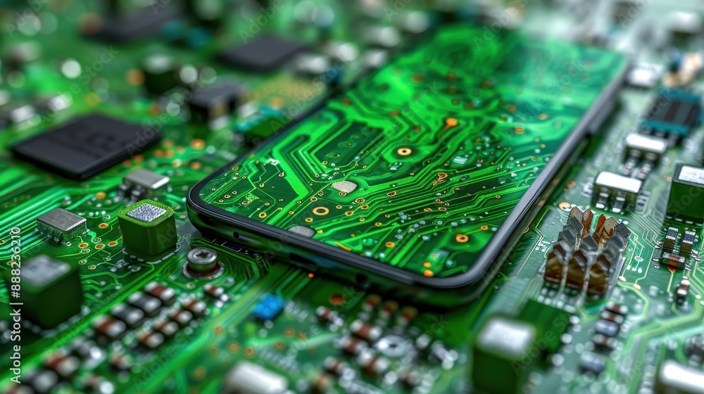 A close-up of a smartphone laying on a green circuit board, symbolizing the intersection of mobile technology and electronics industry. A close-up of a smartphone laying on a green circuit board, symbolizing the intersection of mobile technology and electronics industry.