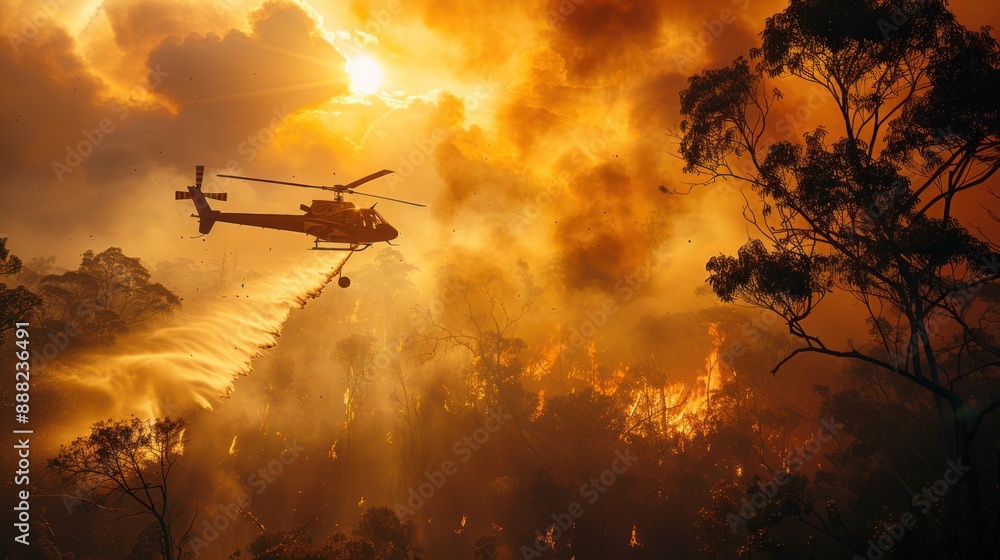 A helicopter drops water on a wildfire in Australia, during a colorful sunset A helicopter drops water on a wildfire in Australia, during a colorful sunset