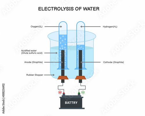 electrolysis of water labeled educational experiment model example with battery charging and anode or cathode reaction