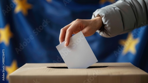 Voting concept - Ballot box on the European Union flag background. Election in European Union. Woman putting her vote in the ballot box.