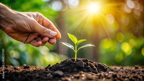 Wallpaper Mural  A close-up of a hand gently planting a seedling in soil, symbolizing the act of nurturing the environment. Torontodigital.ca