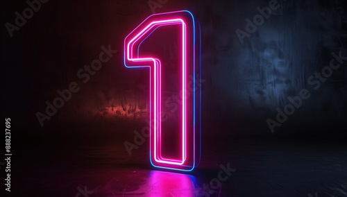 This captivating image features a neon number one glowing vibrantly against a dark background, highlighted by blue and pink neon lights, perfect for modern designs.