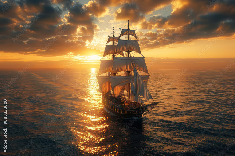 Obraz premium A tall ship with billowing sails navigates the open ocean with a sunset illuminating the sky and water
