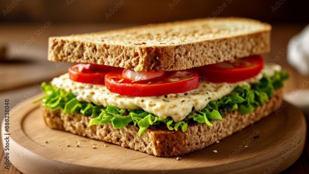 Deliciously stacked sandwich ready to be savored Deliciously stacked sandwich ready to be savored
