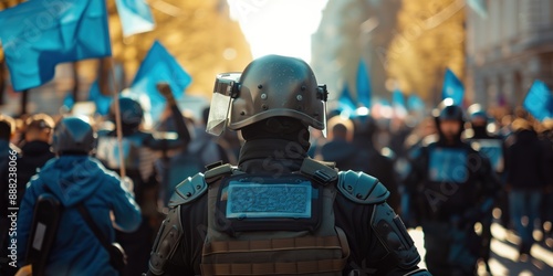 This image depicts an armored police officer overseeing a crowd of protesters waving blue flags, capturing a moment of law enforcement and civil demonstration in a busy street setting. © OneStockShop
