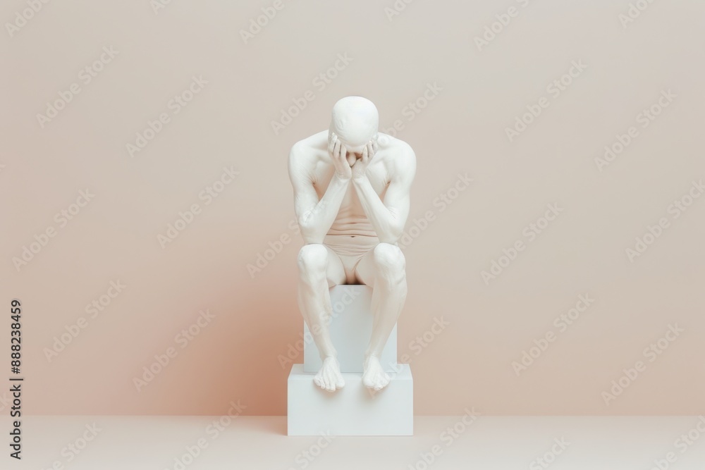 White sculpture of a seated man with head in hands on a peach background, depicting contemplation and melancholy through minimalist art. White sculpture of a seated man with head in hands on a peach background, depicting contemplation and melancholy through minimalist art.