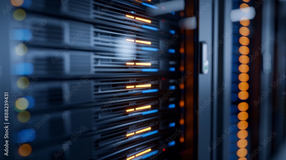 A close-up of a data center with advanced security features, high-resolution photo, realistic photo, cinematography