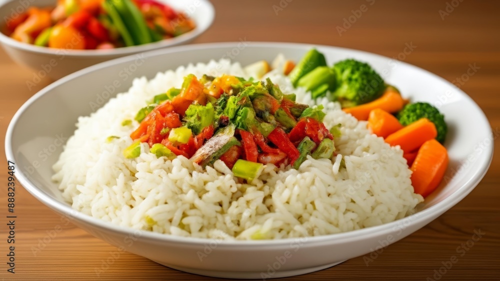 Deliciously balanced meal with white rice colorful vegetables and a protein source Deliciously balanced meal with white rice colorful vegetables and a protein source