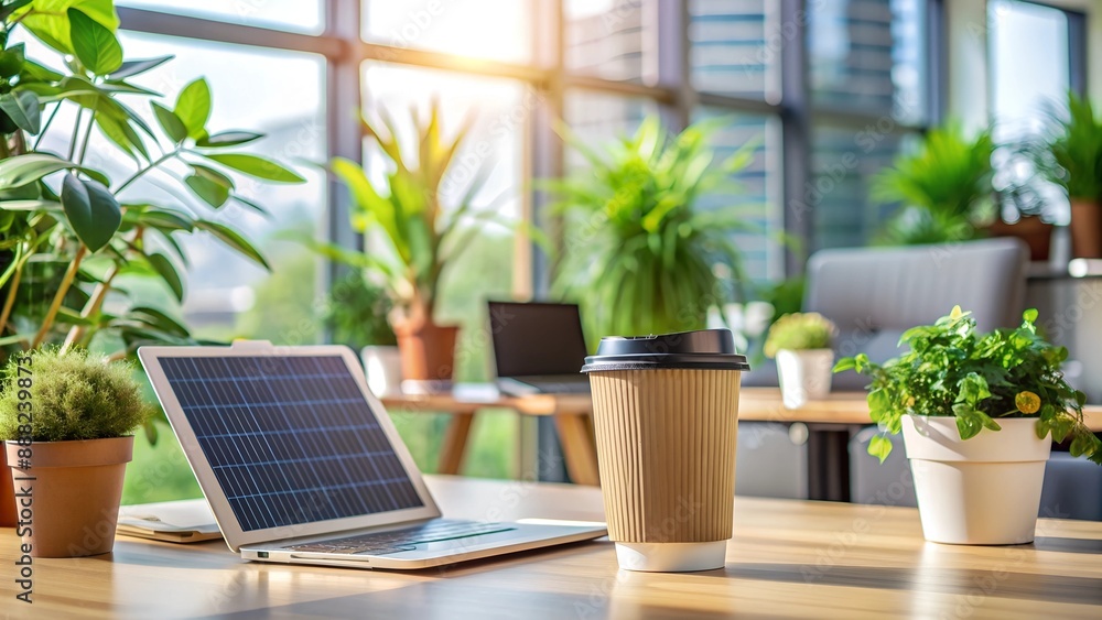 A modern office workspace with plants, a reusable coffee cup, and solar-powered devices, representing sustainable work environments A modern office workspace with plants, a reusable coffee cup, and solar-powered devices, representing sustainable work environments