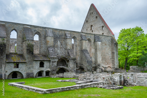 View of the main building of the ruined medieval monastery. St. Bridget’s Convent ruins in Tallinn, Estonia.