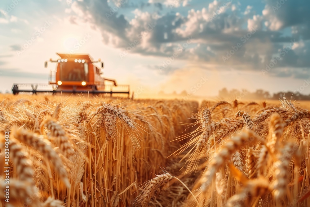 Fototapeta premium Modern combine harvesting wheat crop in the field Agriculture