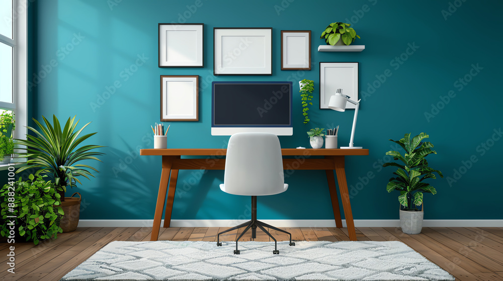 Fototapeta premium Trendy digital art creation in home studios, front view, showcasing modern creativity, advanced tone, Splitcomplementary color scheme