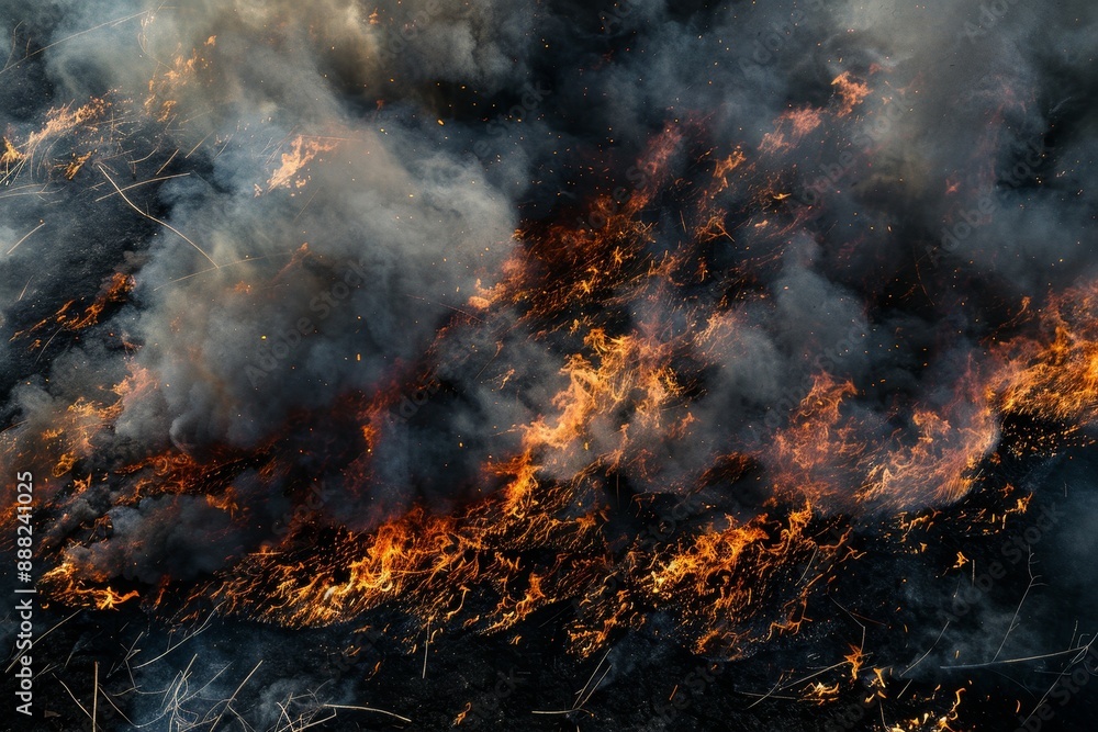 Smoke and embers from fire caused thermal drafts over a burning field Smoke and embers from fire caused thermal drafts over a burning field